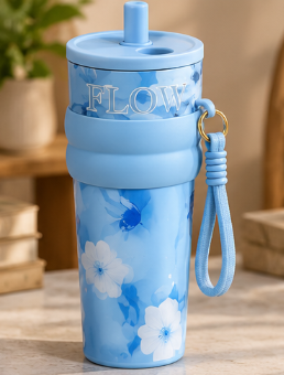 FLOW Floral Water Tumbler with Straw & Carry Strap