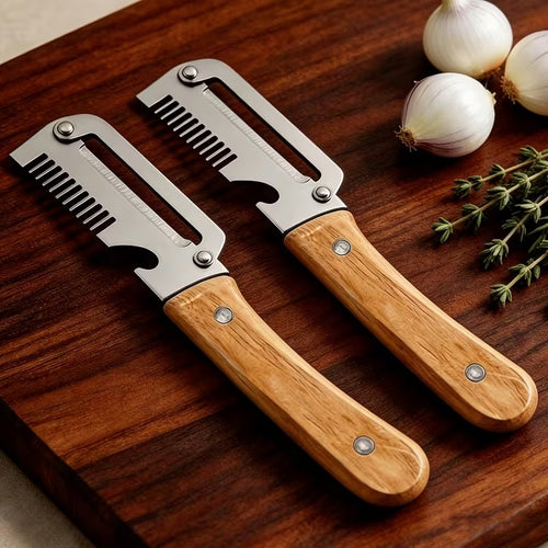 3-in-1 Multifunctional Vegetable and Fruit Peeler / Cutter with Wooden Handle and Bottle Opener