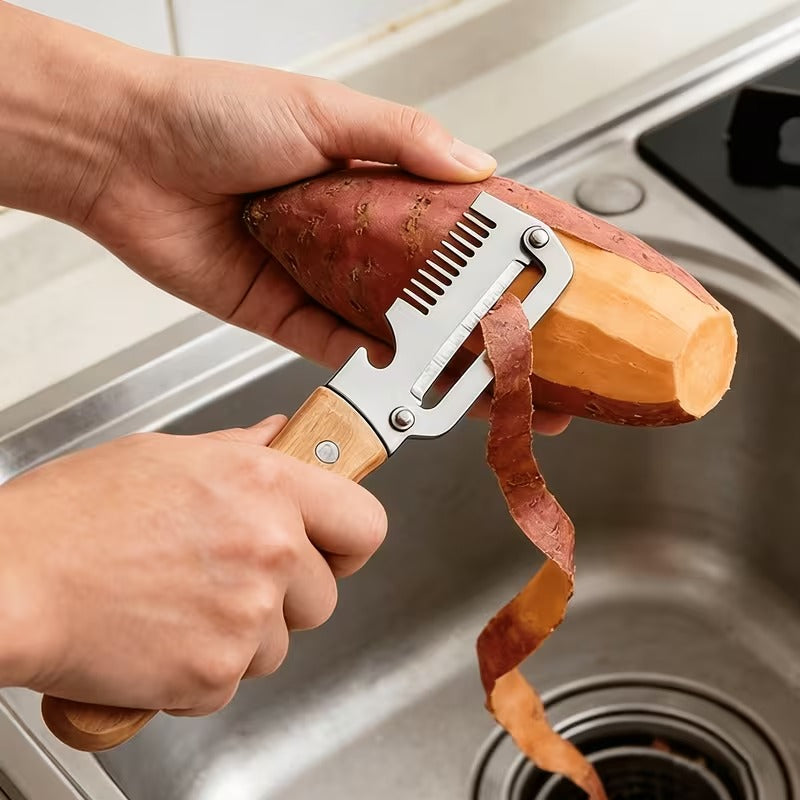 3-in-1 Multifunctional Vegetable and Fruit Peeler / Cutter with Wooden Handle and Bottle Opener