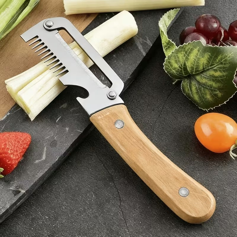 3-in-1 Multifunctional Vegetable and Fruit Peeler / Cutter with Wooden Handle and Bottle Opener